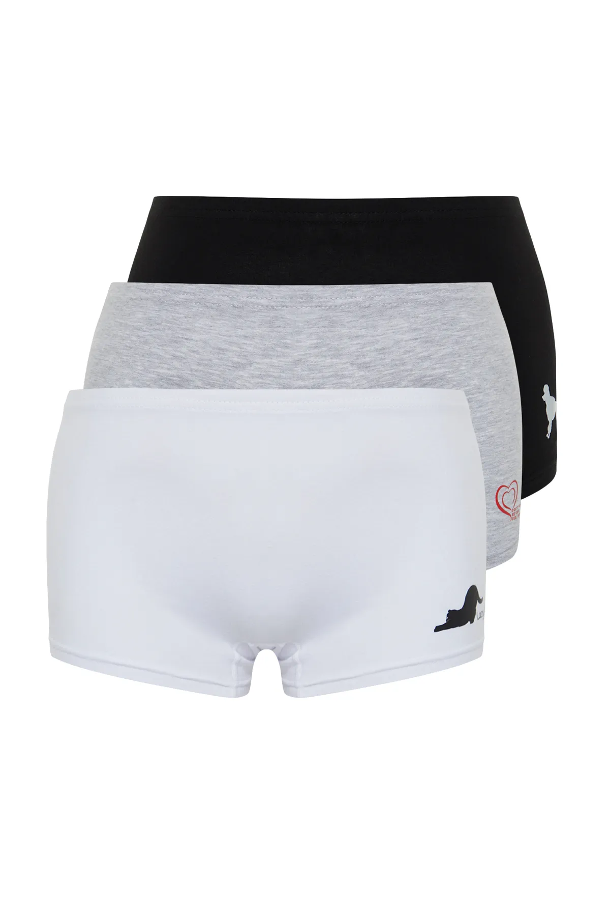 Trendyol Collection  3er-Pack Boyshort-Strickhöschen aus Baumwolle mit Print in Schwarz-Weiß-Grau THMSS24KU00028