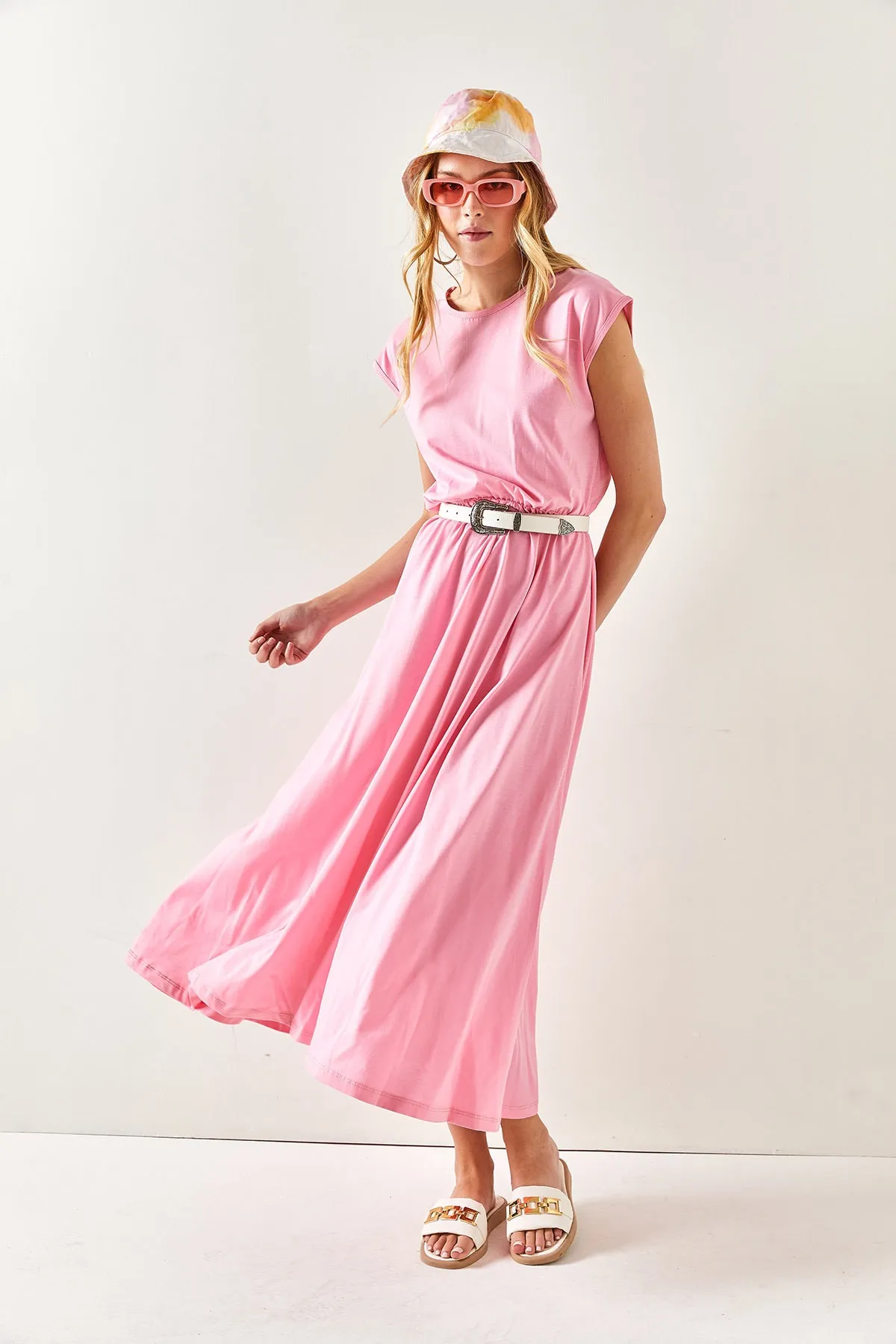 Olalook  Rosa Fledermaus-Baumwollkleid für Damen mit elastischem Bund ELB-19001509
