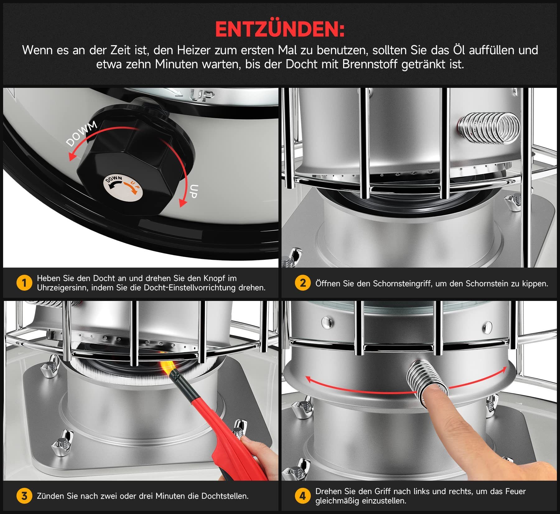 HOMELUX Heizlüfter Petroleumofen für innenräume, 9.000 BTU/h Mobile Petroleum Heizung, Ohne Strom, mit Kleidersack,Schornstein aus gehärtetem Glas