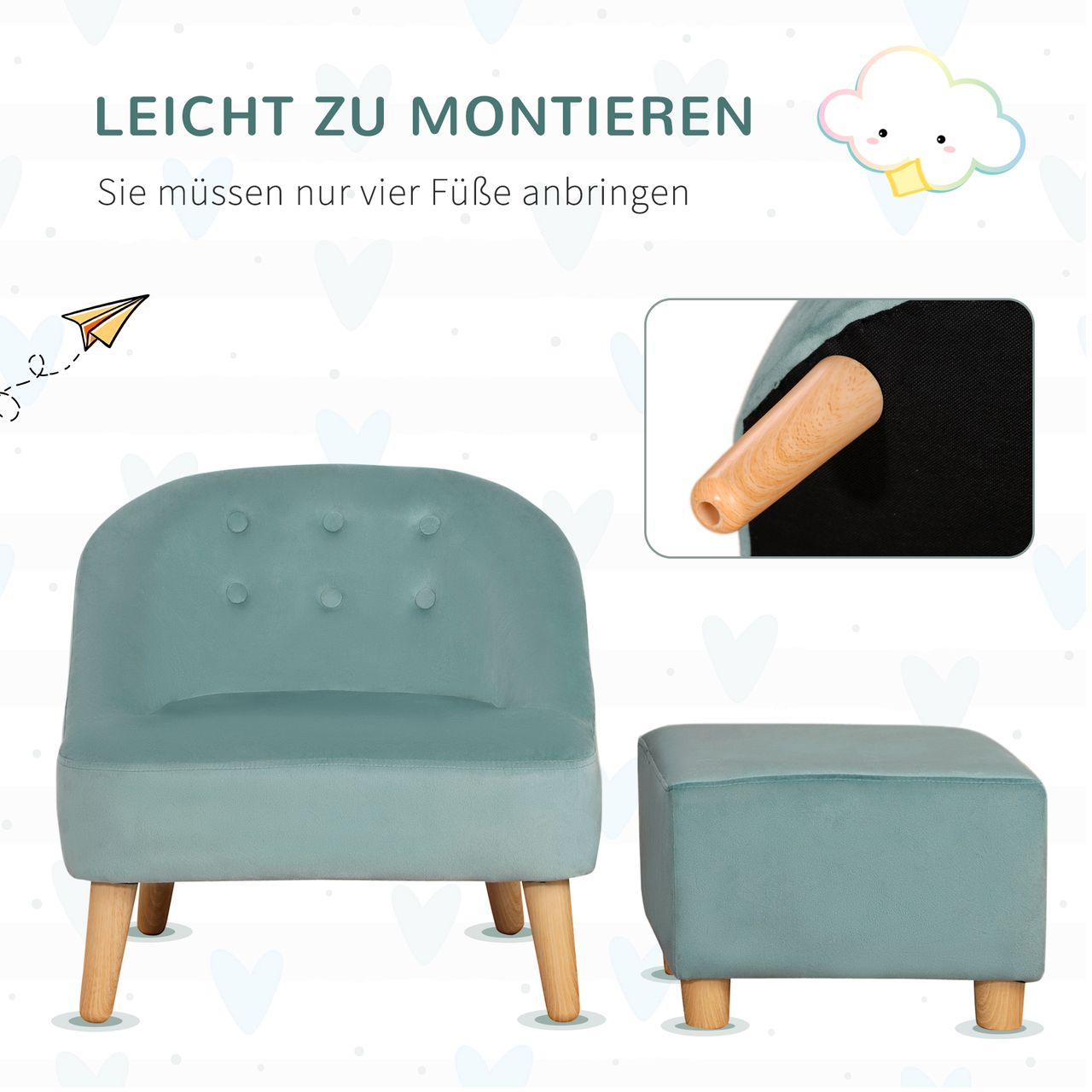 HOMCOM Kindersessel Kindersofa mit Fußhocker Kindercouch ab 3 Jahren Kindermöbel Kinderzimmer Samtoptik Eukalyptusholz Grün 51 x 51 x 50 cm
