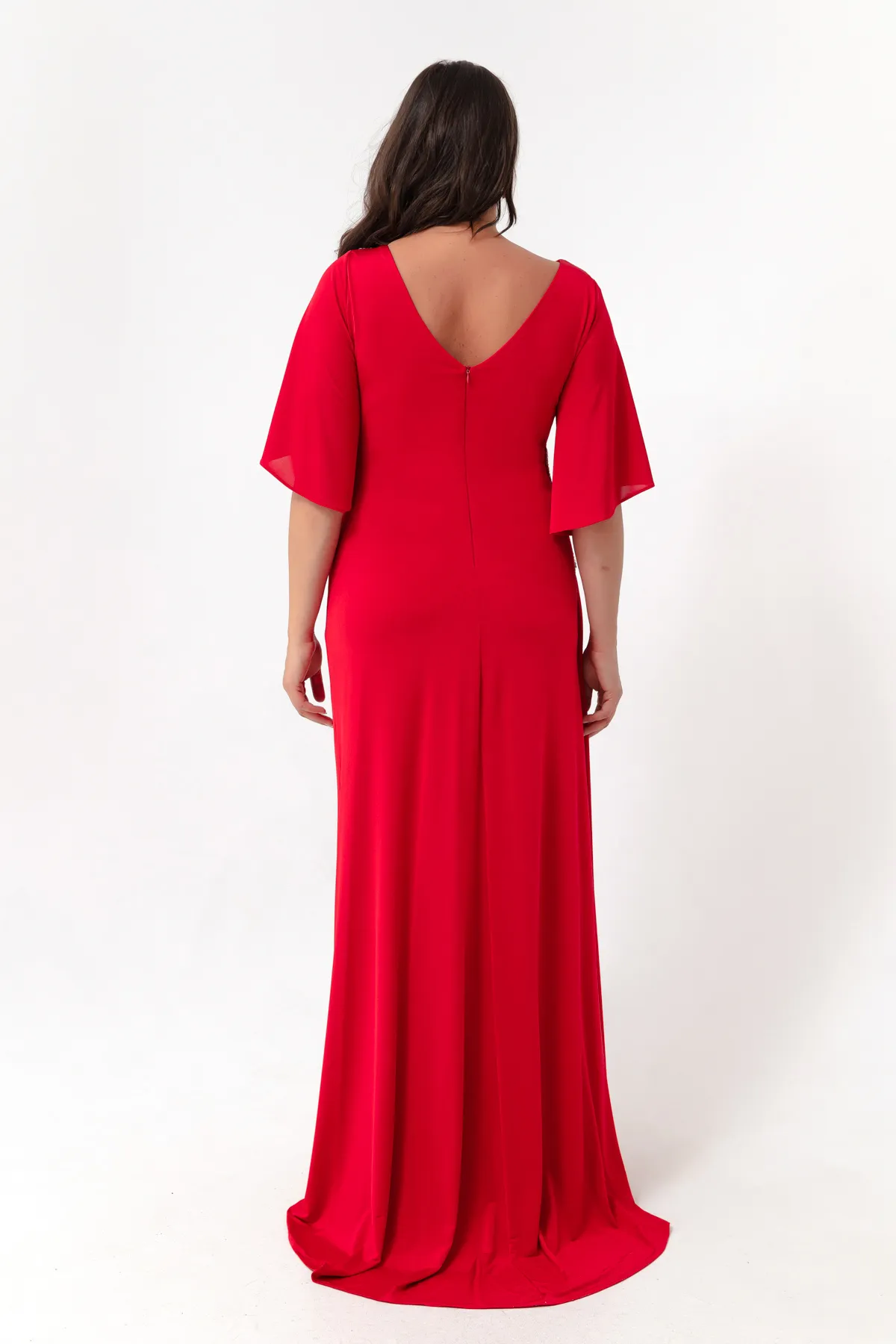 Lafaba  Rotes Abendkleid mit kurzen Ärmeln und Schlitz für Damen in Übergröße