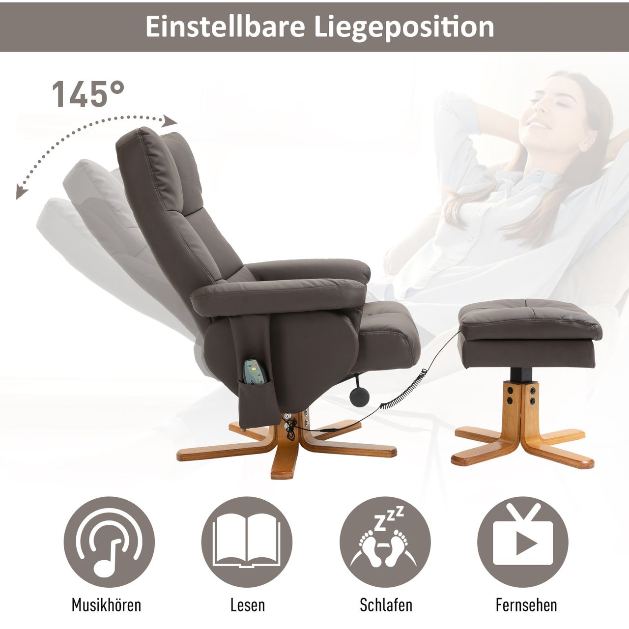 HOMCOM Relaxsessel mit Liegefunktion Massagesessel mit Fußhocker Braun