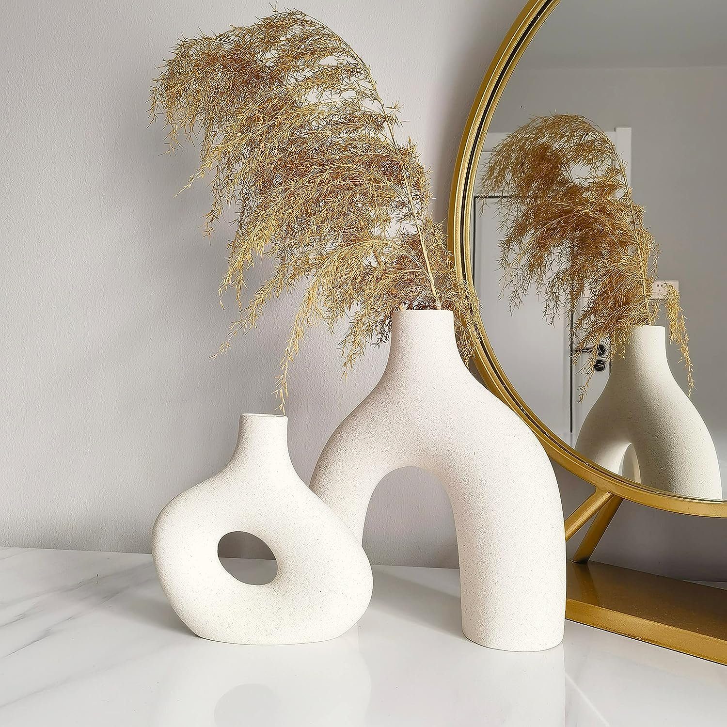 SCOHOME Dekovase Keramik Vase für pampasgras,Weiß Vase modern deko vase Boho Deko Stil, Kreative 2er Set Vasen,Blumenvase für frische Blumen&Trockenblumen