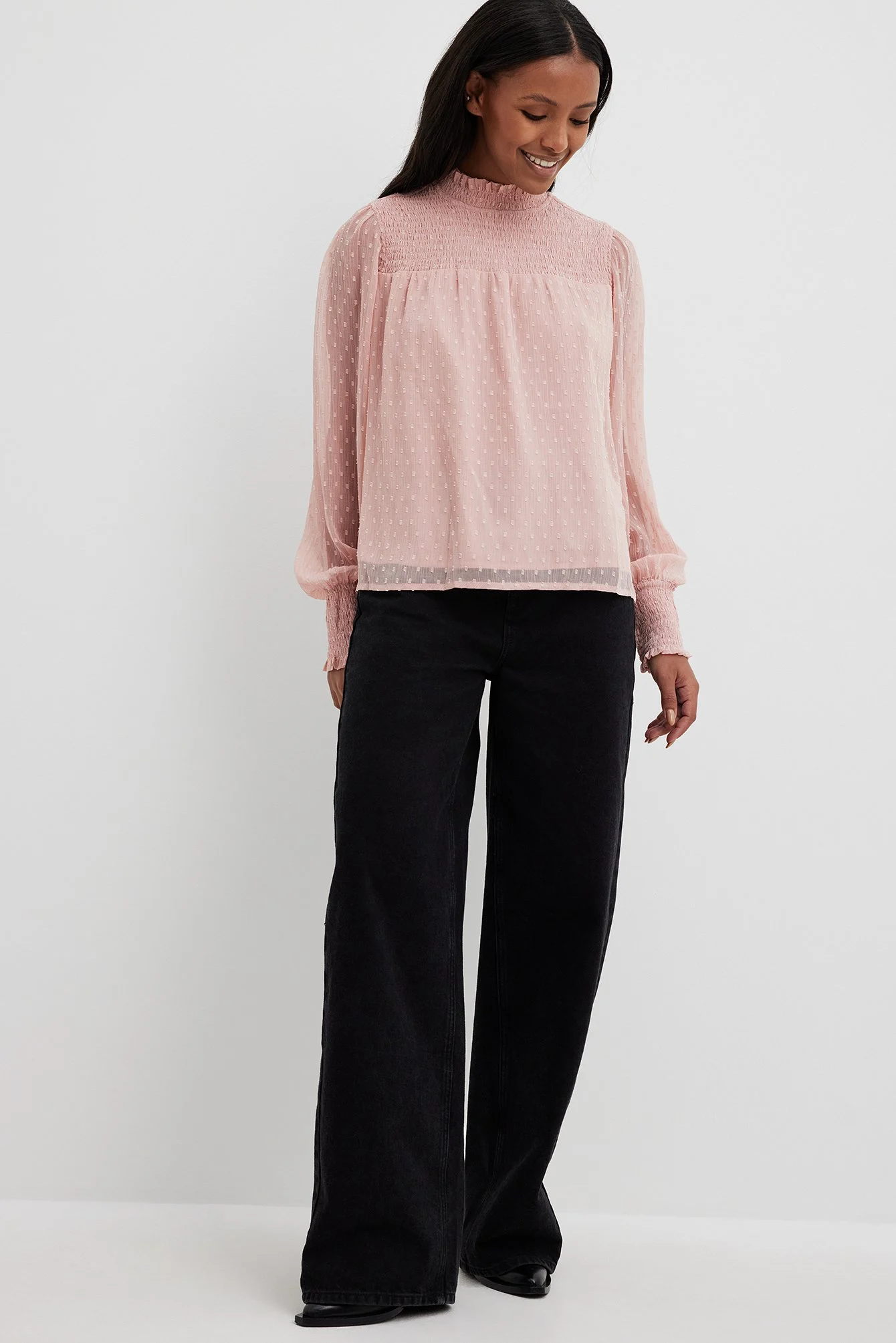 Recycelte ratière Smocked Rüschenausschnitt Bluse