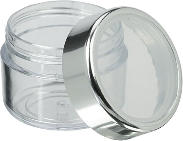 Fantasia Kosmetik-Dose, Kunststoff, Silber/Glashell für 25 ml, Ø 4 cm, Höhe: 3,2 cm Aufbewahrungsbox