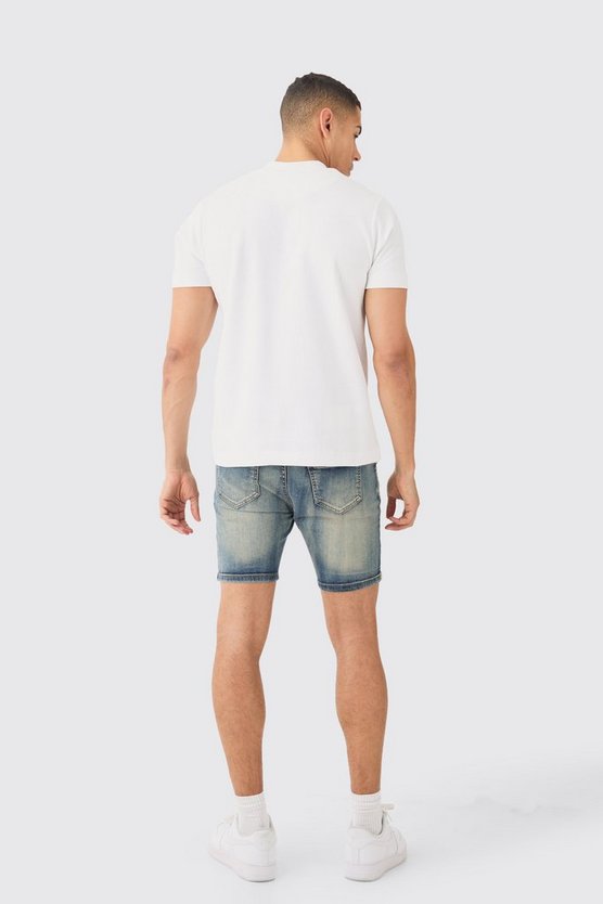 Skinny Stretch PU Jeansshorts mit Farbspritzern und Rissen