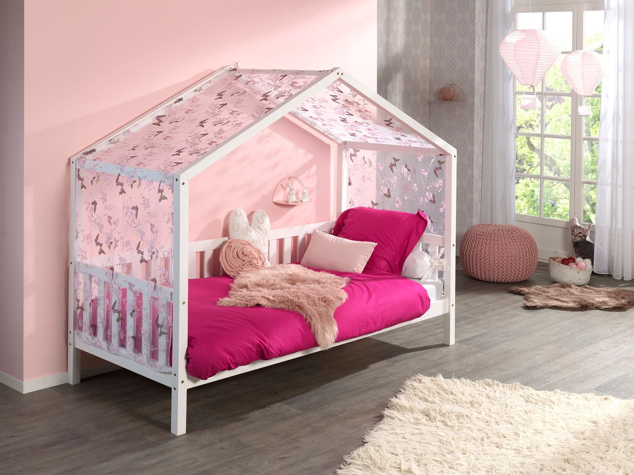 VIPACK Dallas 1 Hausbett mit seitlicher Umrandung 90 x 200 cm Liegefläche und Textilhimmel, Weiß