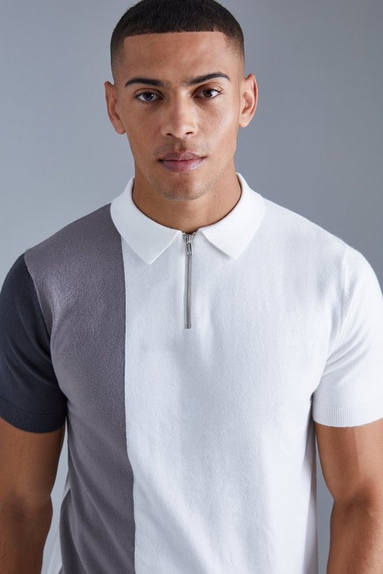 Kurzärmliges Colorblock Strick-Poloshirt mit halbem Reißverschluss