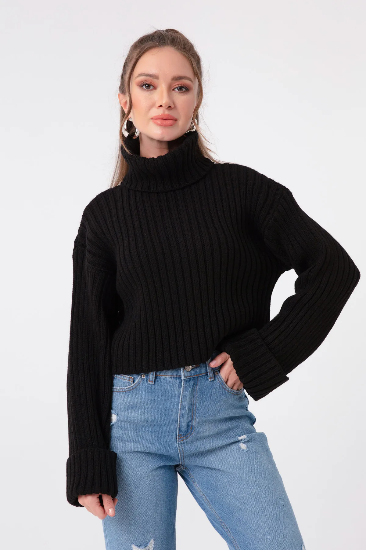 Lafaba  Schwarzer, breiter, gerippter Rollkragenpullover für Damen
