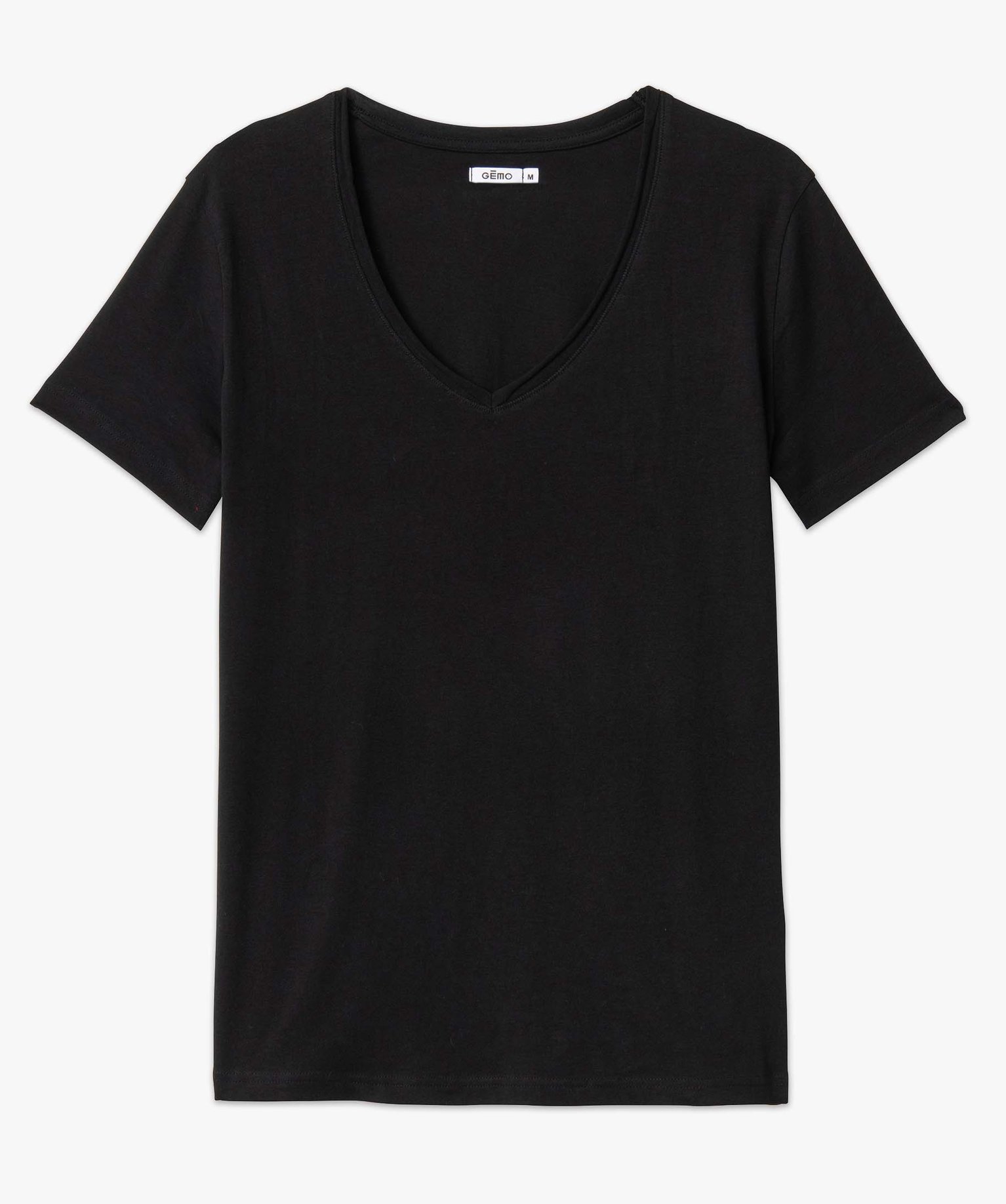 Tee-shirt femme à manches courtes avec col V roulotté noir | GEMO
