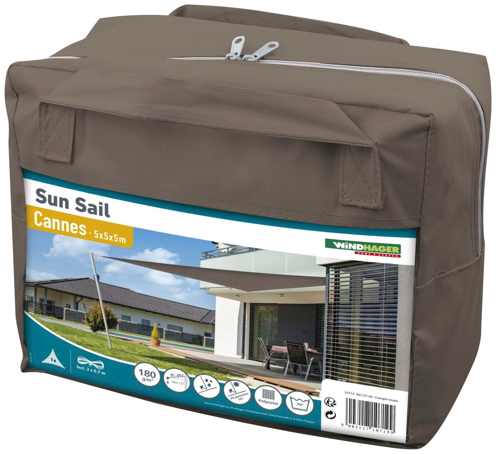 Windhager Sonnensegel Cannes Dreieck, 5x5x5m, taupe