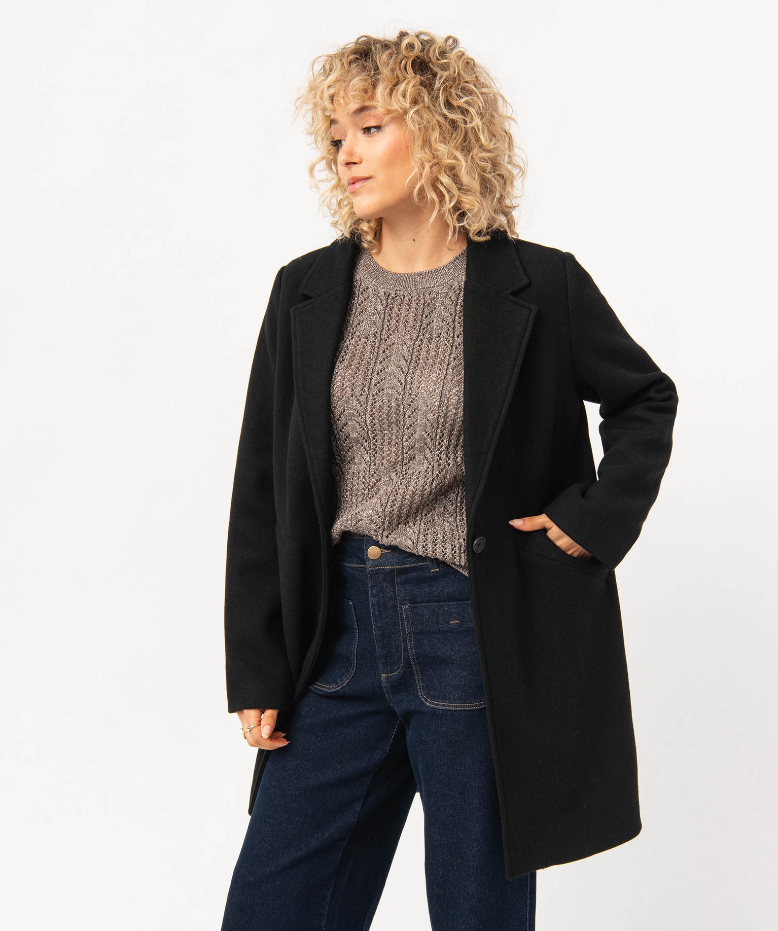 Manteau long à col tailleur femme noir | GEMO