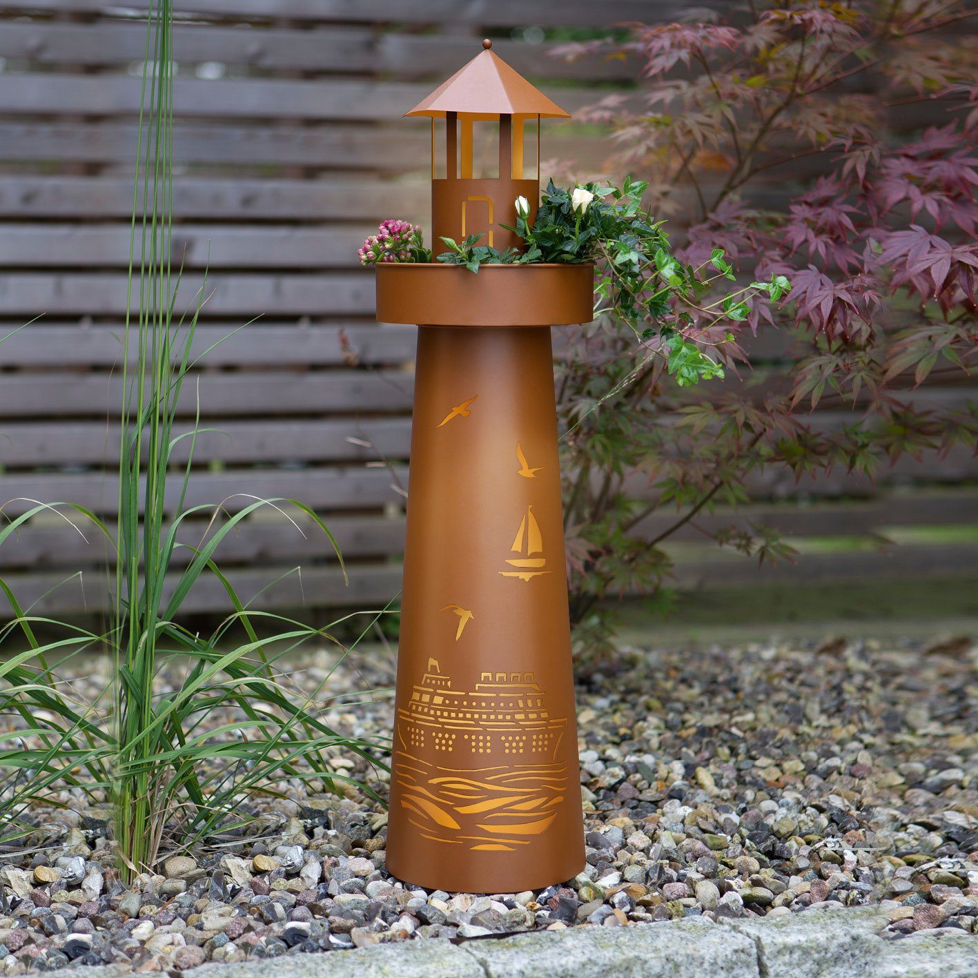 Hoberg Dekosäule LED Deko-Leuchtturm in Rost-Optik - 80cm, XL Garten Deko Säule Außen Beleuchtung Pflanzschale Pflanzsäule