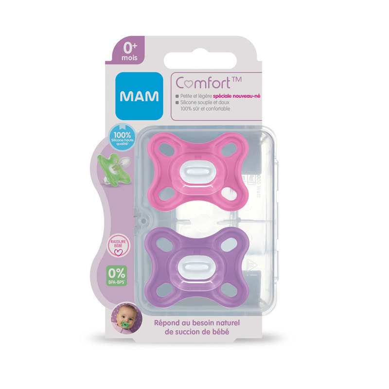 Lot de 2 sucettes Comfort 0-2 mois rose avec boite de stérilisation MAM