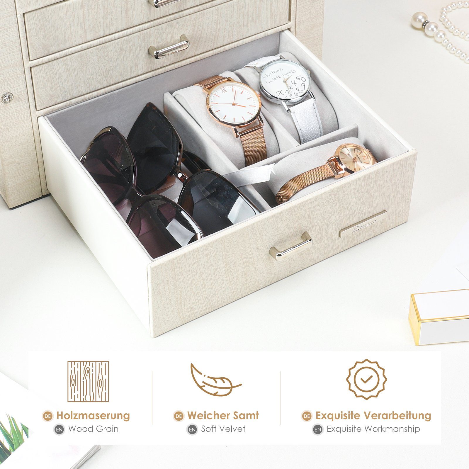Yorbay Schmuckkasten Schmuckkoffer mit 4 Ebenen/2 Seitenfächern, Cremeweiß mit Holzmaserung (Abschließbar, Mit herausnehmbarer Mini-Box, Mit Spiegel), Schmuckkästchen für Halsketten/Uhren/Ringe/Armbänder/Ohrringe/Brille