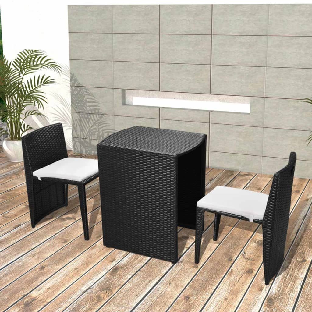 vidaXL Gartenlounge-Set 3-tlg. Bistro-Set mit Auflagen Poly Rattan Schwarz, (3-tlg)