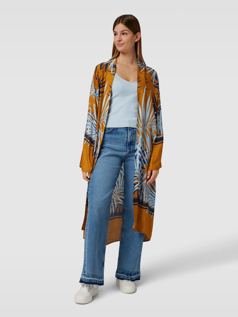 Kimono mit Allover-Muster Modell 'Palme' in cognac