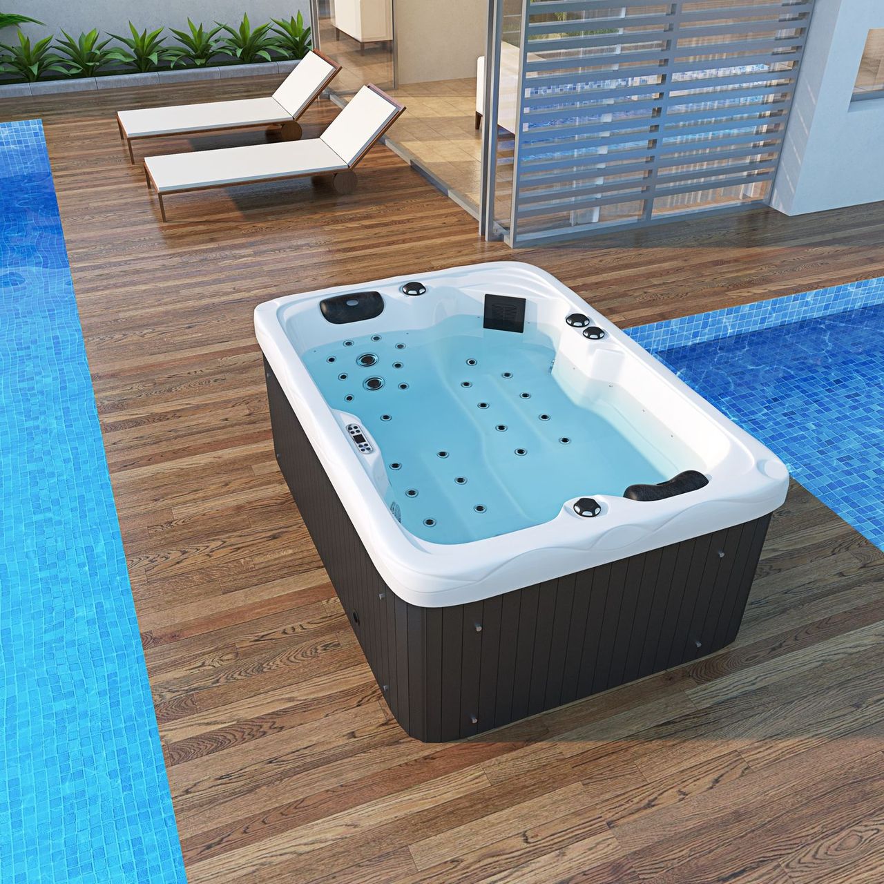 TroniTechnik Outdoor Whirlpool LEVANZO inkl. Heizung, Hydromassage, Farblicht, 190x135cm 450 Liter