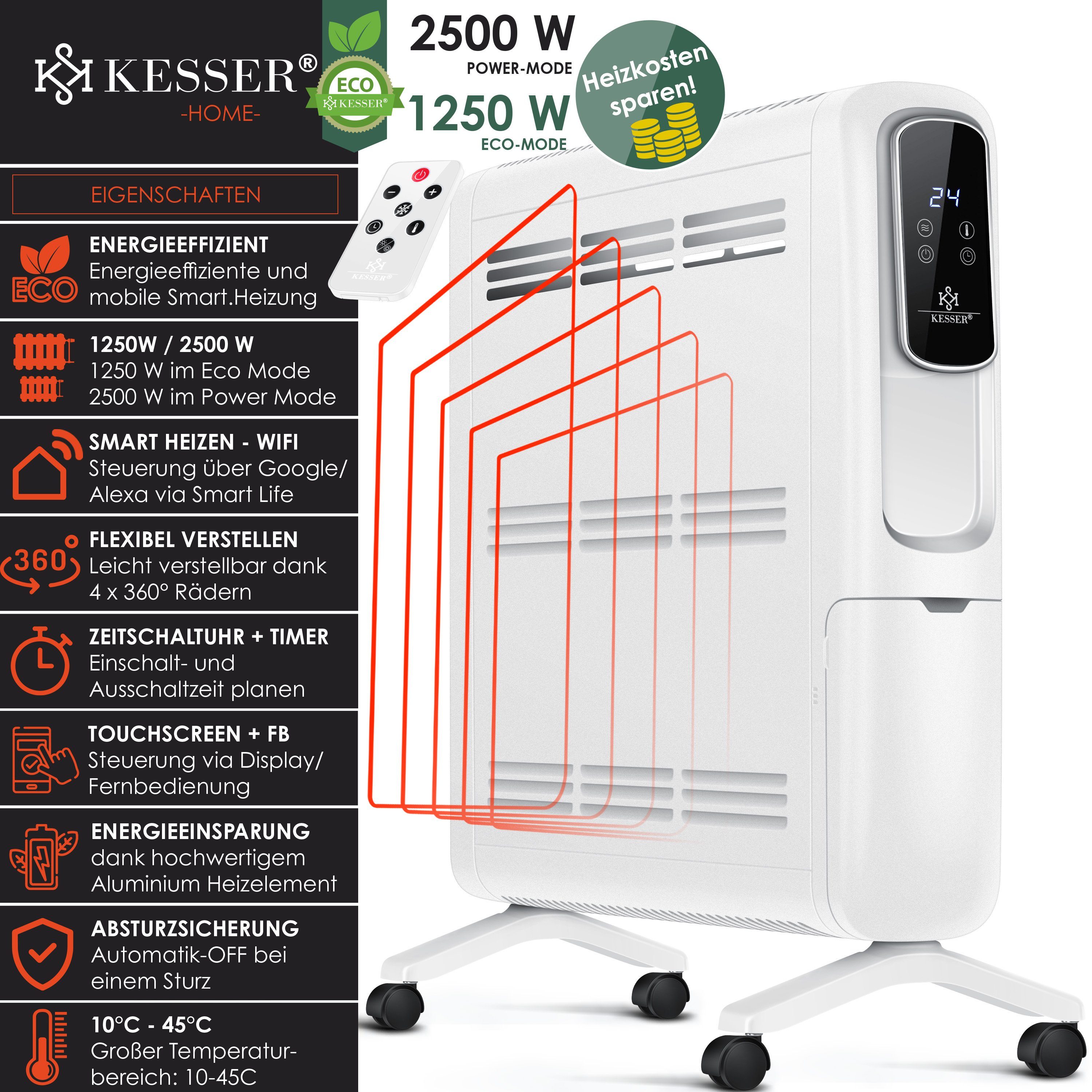 KESSER Heizkörper, Konvektor Elektrische Heizung ECO 2500W Heizkörper