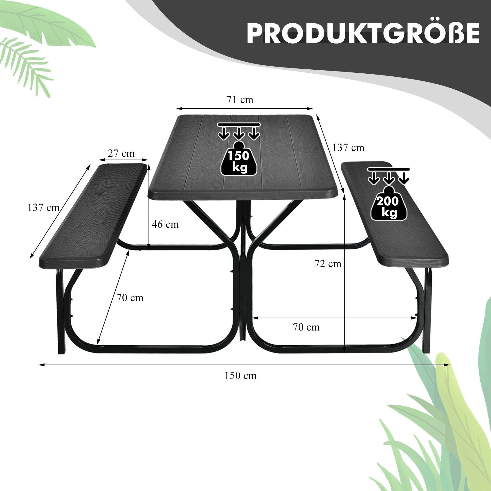 COSTWAY Bierzeltgarnitur, (3-tlg), bis 200kg belastbar, 137x150x72cm