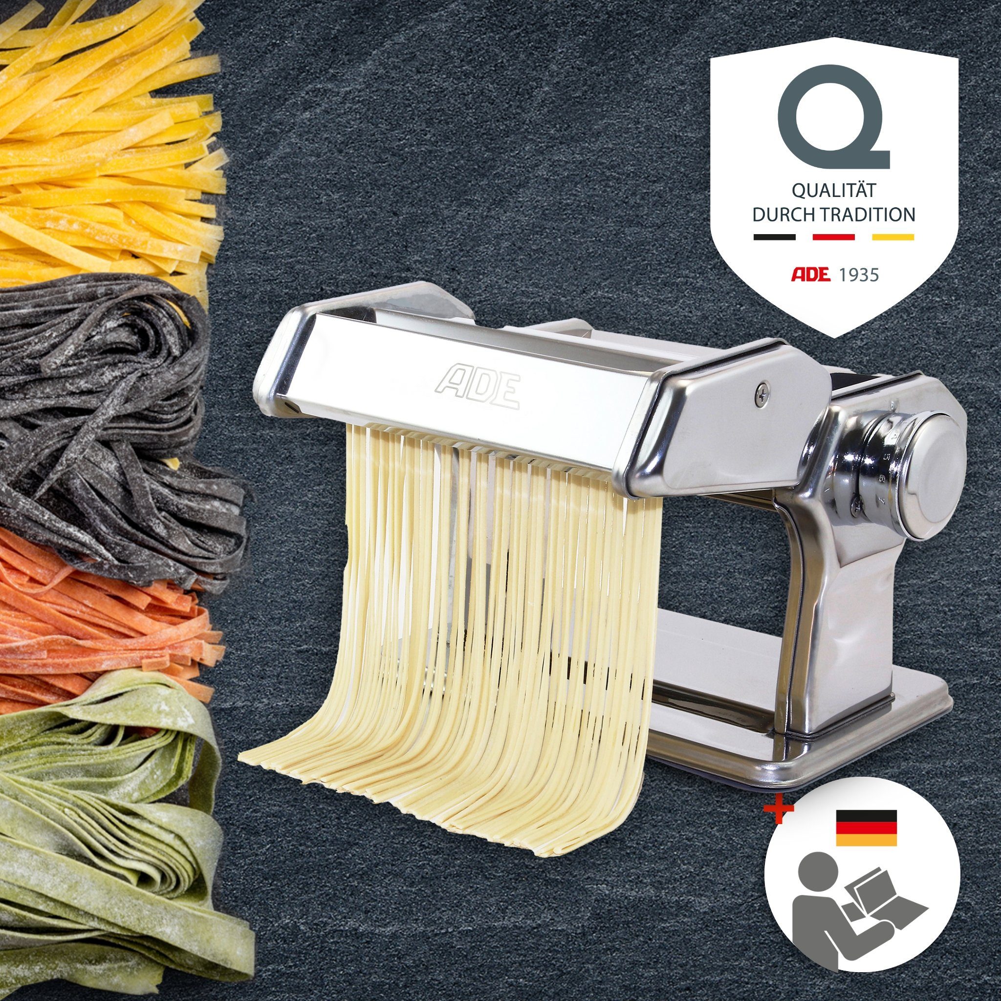 ADE Nudelmaschine Edelstahl, manuelle Pastamaschine, Pastamaker zur Herstellung von Lasagneplatten, Spaghetti, Fettuccine