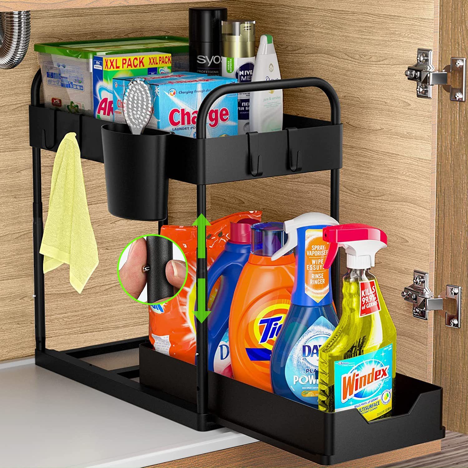 Kpaloft Ablageregal 2-stöckiger Organizer mit 4 Haken 2 Etagen & 1 Hängebeche, Spülschrankregal Waschbecken Regal, Unter der Spüle Schiebeschrank Regal Organizer für Badezimmer, Küchen