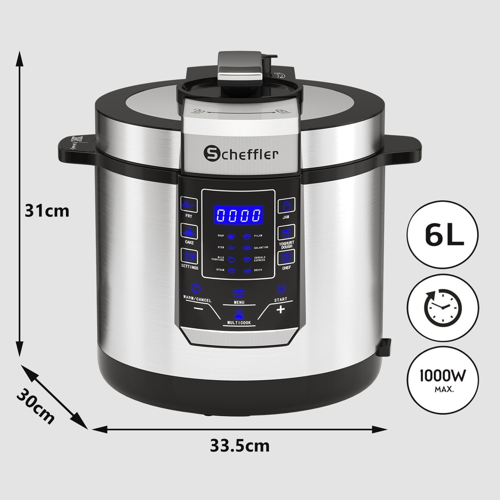 Scheffler Multikocher 6L Elektrischer Reiskocher Schnellkochtopf, 14 Automatische-Programme, 1000,00 W, 6,00 l Schüssel, Schongarer, Wokpfanne, Joghurtbereite & Mehr, Edelstahl, Timer