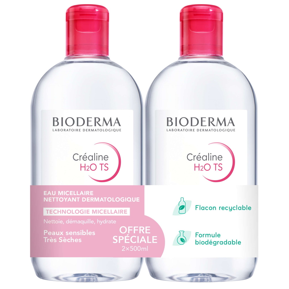 Bioderma CREALINE H2O TS Eau micellaire démaquillante 2x500 ml  Peaux très sèches Démaquillant/Nettoyant