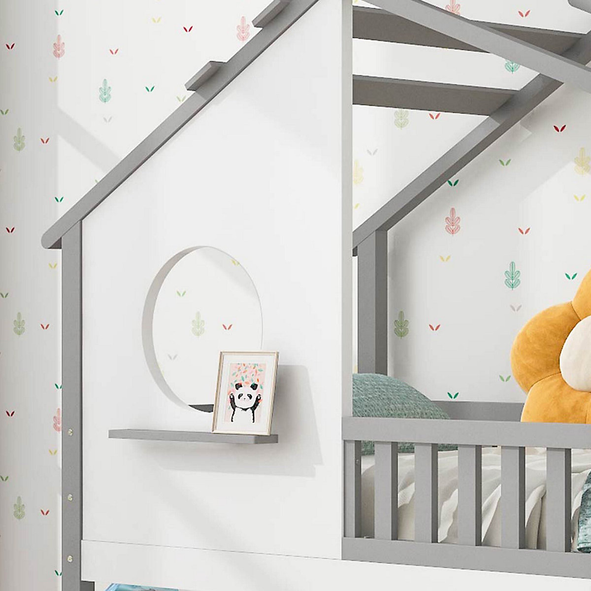 Etagenbett mit rechtwinkliger Leiter, mit Fallschutz und Barriere, Kiefernholz