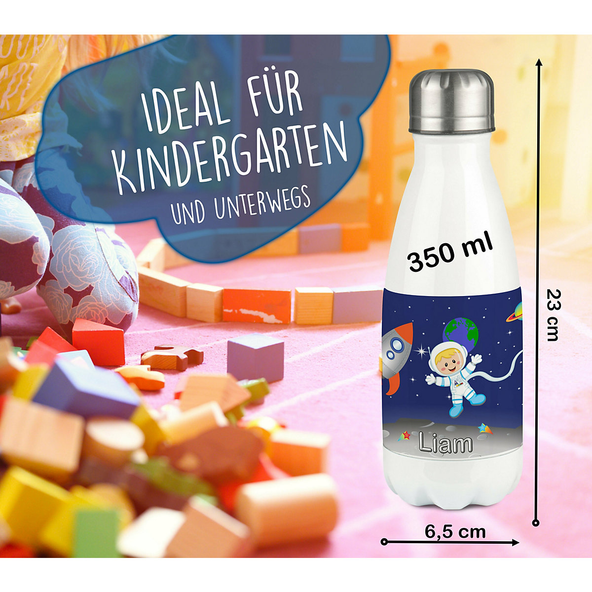Edelstahl Kinder Thermoflasche / Trinkflasche bunt Weltall Spülmaschinenfest, Auslaufsicher, Bruchfest, Doppelwandig, Für Heißgetränke geeignet, Mit Deckel, Isoliert