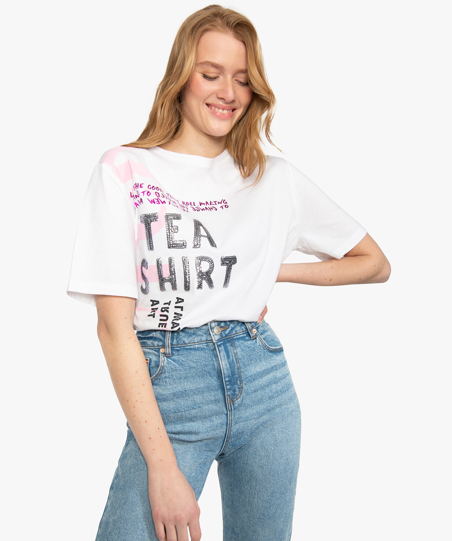 Tee-shirt femme ample à motif brillant blanc | GEMO