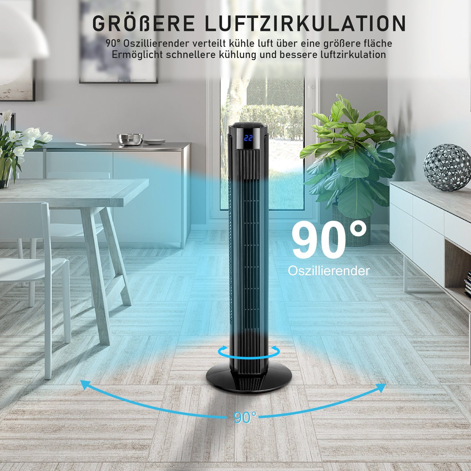 Nettlife Turmventilator Leise 90° Oszillation mit Fernbedienung Standventilatoren Timer, ‎Timer, LED-Licht, Ferngesteuert, Oszillierend