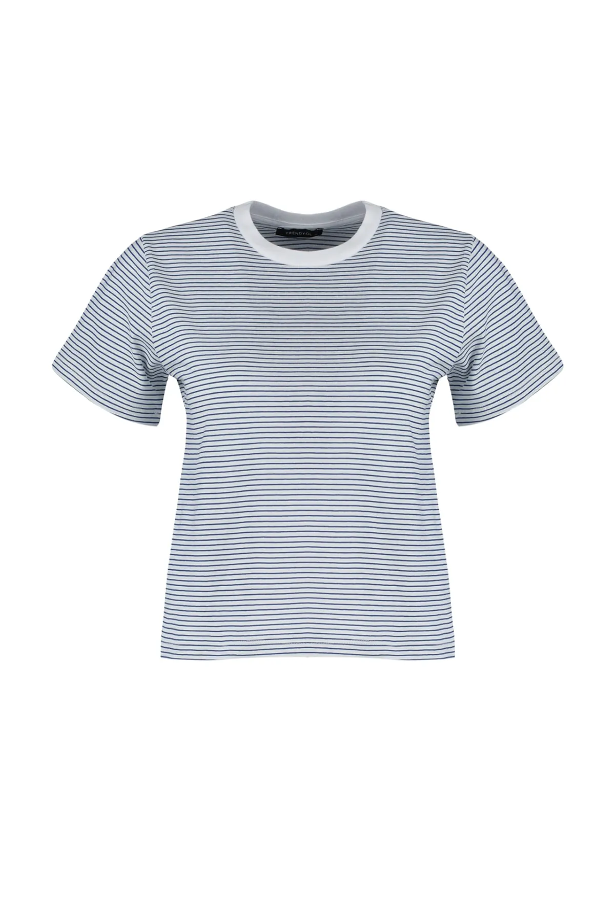 Trendyol Collection  Marineblaues, ecrufarbenes, gestreiftes Premium Basic-Strick-T-Shirt mit Rundhalsausschnitt und normaler Passform TWOSS23TS00043