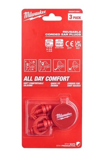 Accessoires Milwaukee 4932471904 Bouchons d'oreilles réutilisables avec cordon - Lot de 3