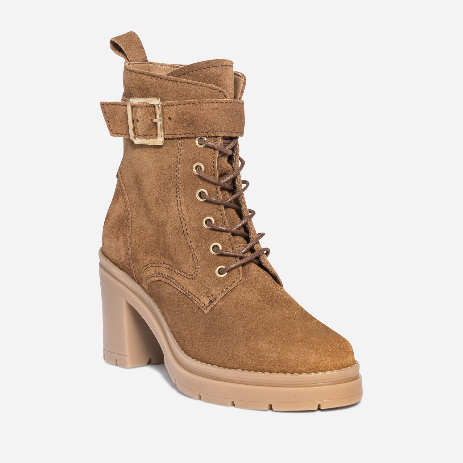 Bottine à talon TEXTO camel en cuir velours