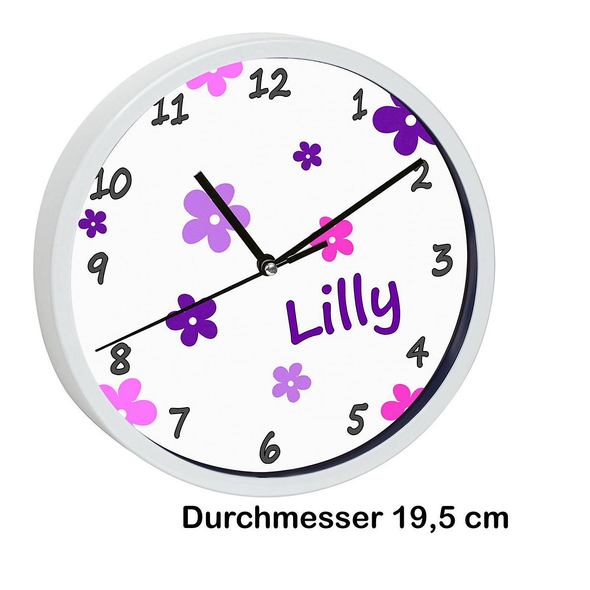 Kinder Wanduhr personalisiert mit Name Blumen Pink-Lila