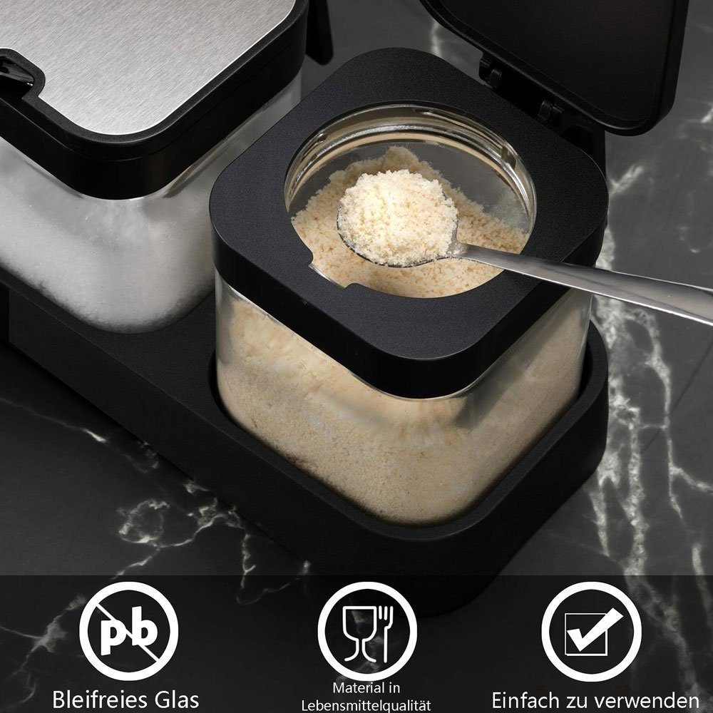 SOTOR Gewürzbehälter Tablett Glas Gewürzglas Küche mit Edelstahl Löffel Gewürzbehälter, (Gewürzdosen-Set, 3 Stück mit Deckel und Löffel)