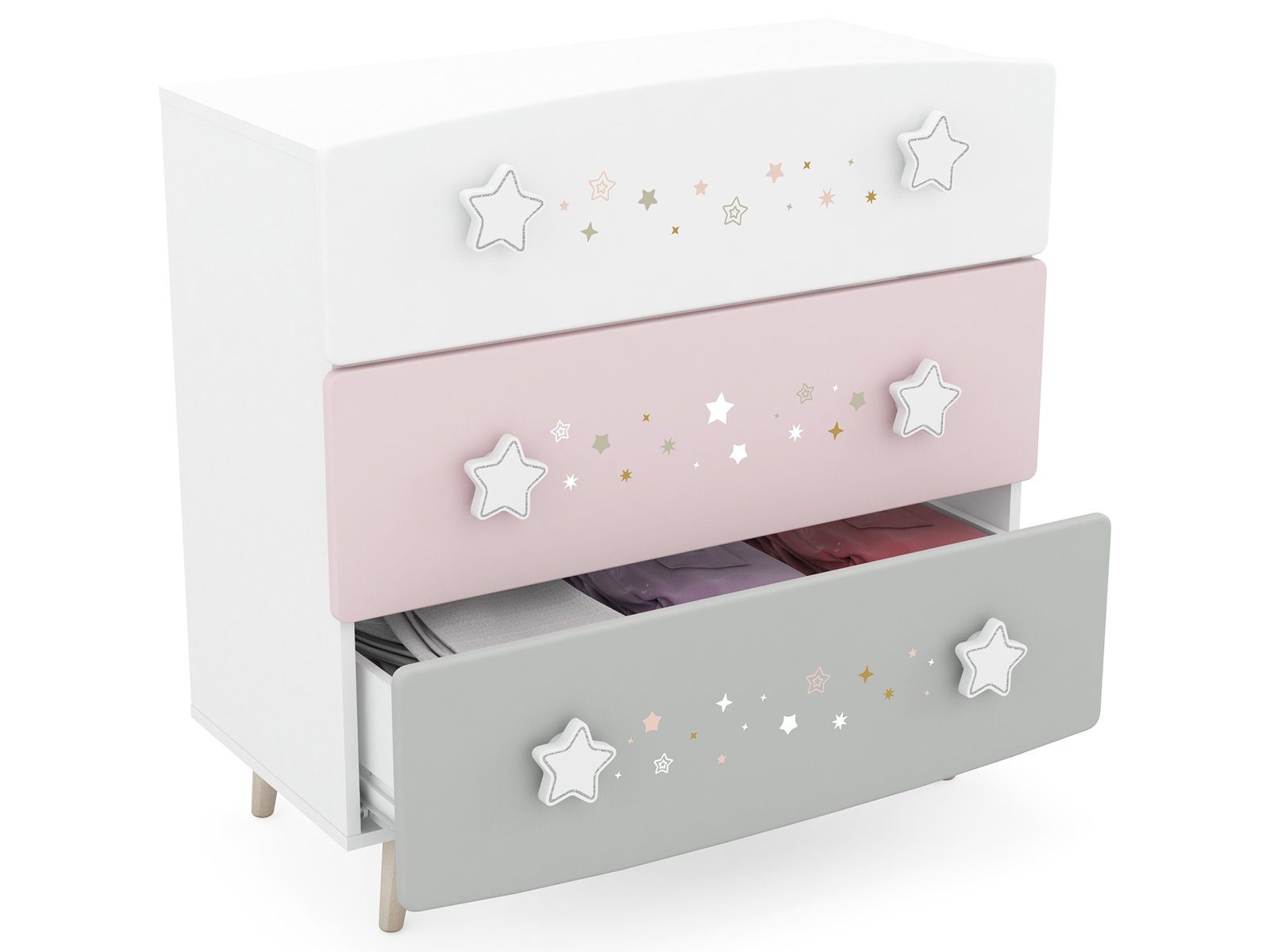 möbelando Jugendzimmer-Set Savannah, (4-St), Modernes Kinderzimmer in Pastellfarben (Weiß/Grau/Rosa), Korpus aus Spanplatte, Front aus MDF bestehend aus 1 Kleiderschrank, 1 Schubladenkommode, 1 Bett und 1 Nachttisch. Individuelle Stellmöglichkeit