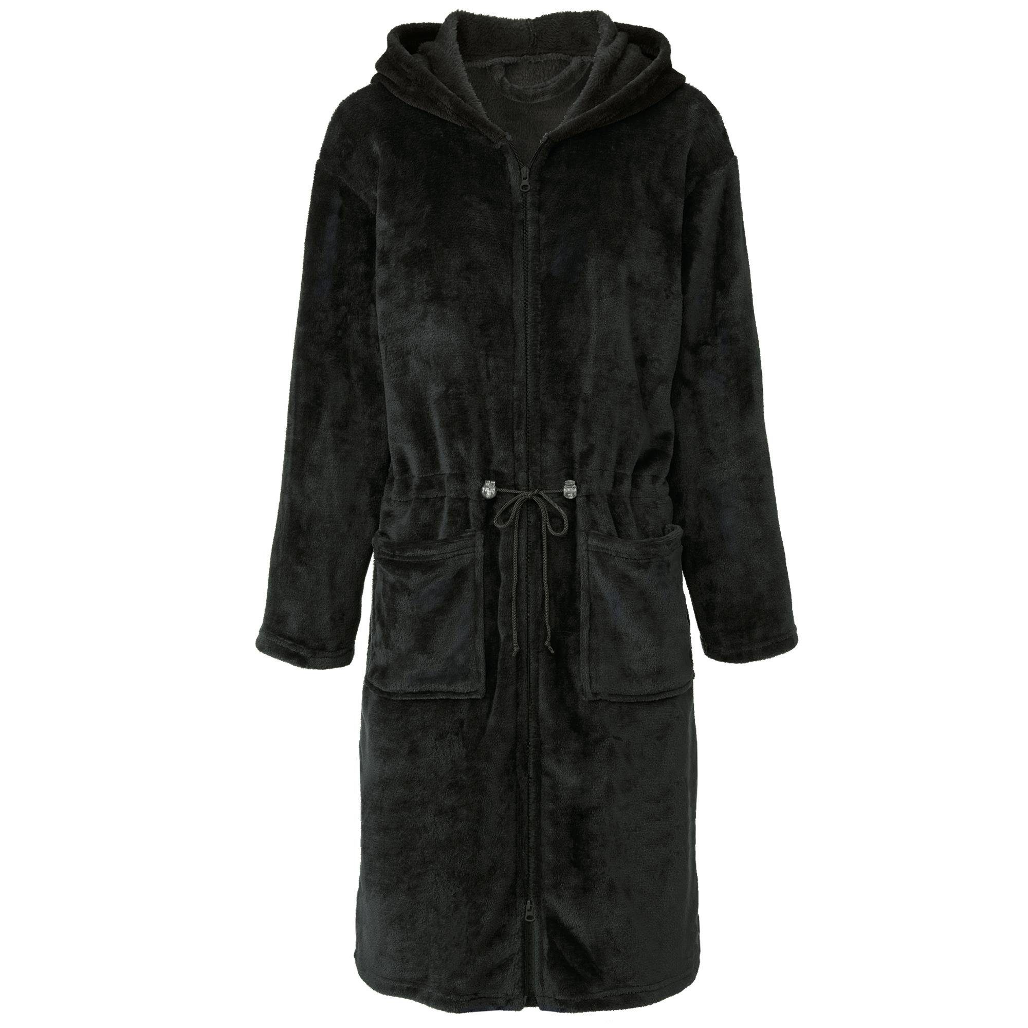 CelinaTex Bademantel Hausmantel Damen Flanell Kapuze Reißverschluss Vital XL schwarz, Polyester
