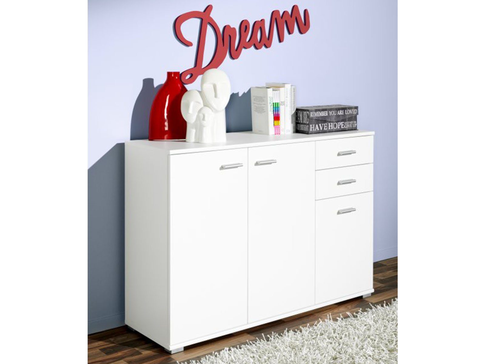 möbelando Sideboard Uwe, mit 3 Drehtüren, 2 Schubkästen und einen Fachboden. Breite 107 cm, Höhe 74 cm, Tiefe 34 cm