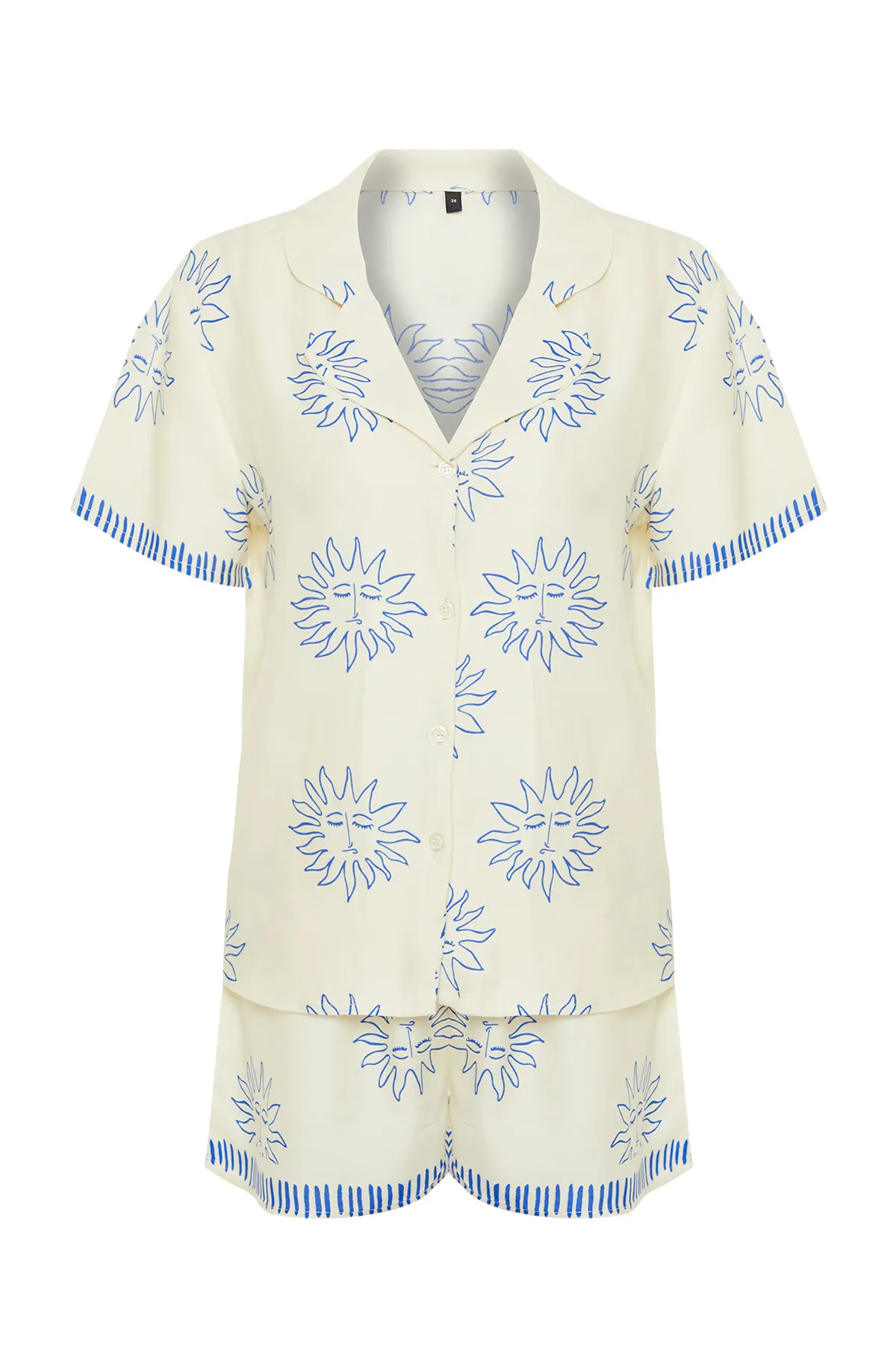 Trendyol Collection  Pyjama-Set aus gewebter Viskose mit Galaxy-Muster in Ecru-Marineblau THMSS24PT00009