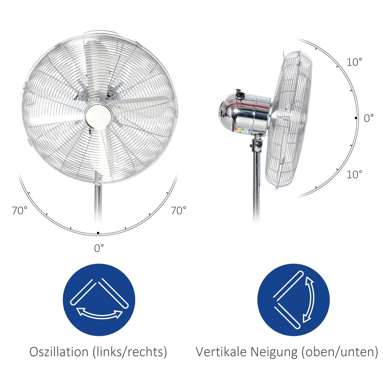 HOMCOM 120 cm Standventilator, Ventilator, Höhenverstellbarer Lüfter, 3 Geschwindigkeitsstufen, Verstellbarer Neigungswinkel, Stahl, Silber