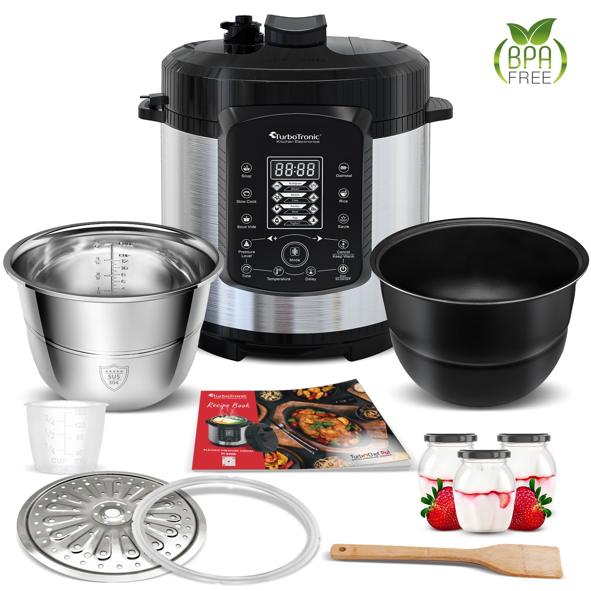 TurboTronic by Z-Line Multikocher 6L mit 2x Topf Edelstahltopf und beschichtet, PLASTIKFREI Silber, 1000 W, Dampfdrucktopf Elektrischer Schnellkochtopf Dampfgarer