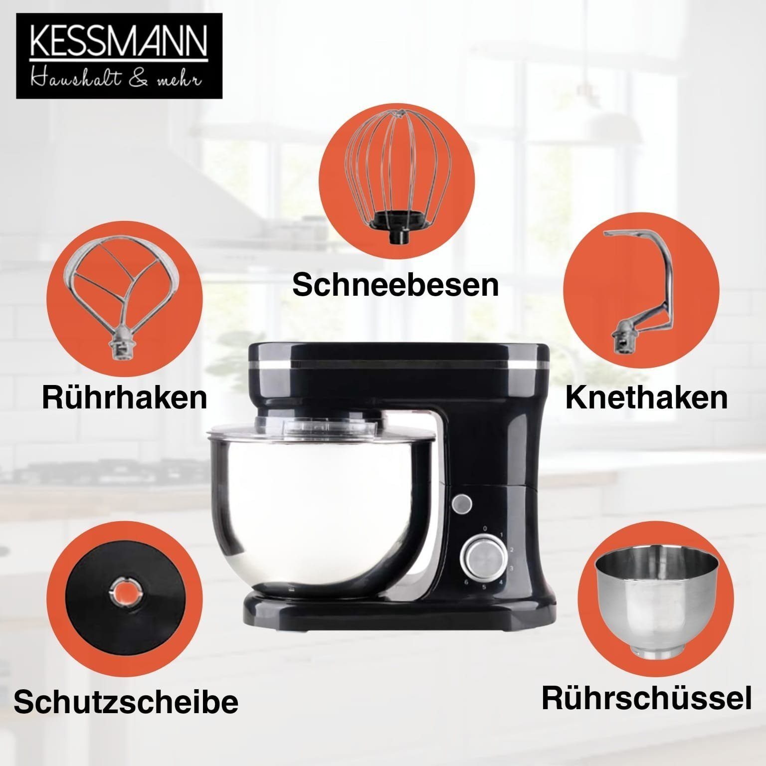 KESSMANN Schäfer Küchenmaschine 6 Stufen Edelstahl Schüssel Knetmaschine Rührgeräte & Mixer Küche, 1200,00 W, 5,00 l Schüssel, Inkl. Rührmaschine Knethaken Rührhaken Küchenmaschine für Teig Set