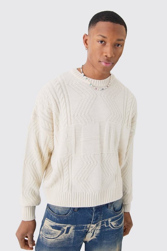 Kastiger Oversize Zopfmuster-Pullover