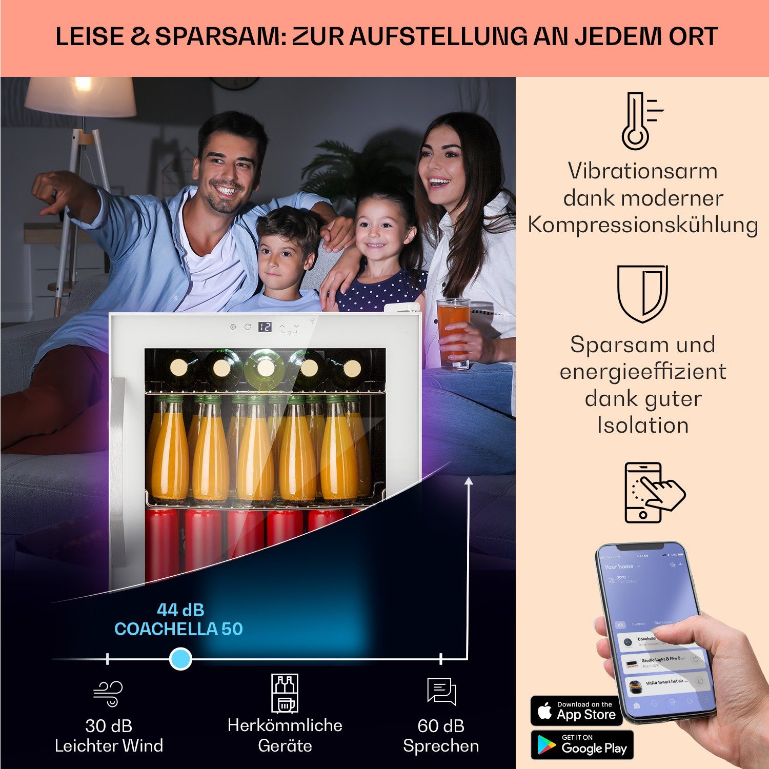 Klarstein Getränkekühlschrank HEA-Coachella 50-wh 10045041, 51 cm hoch, 47.5 cm breit, Bierkühlschrank Getränkekühlschrank Flaschenkühlschrank mit Glastür