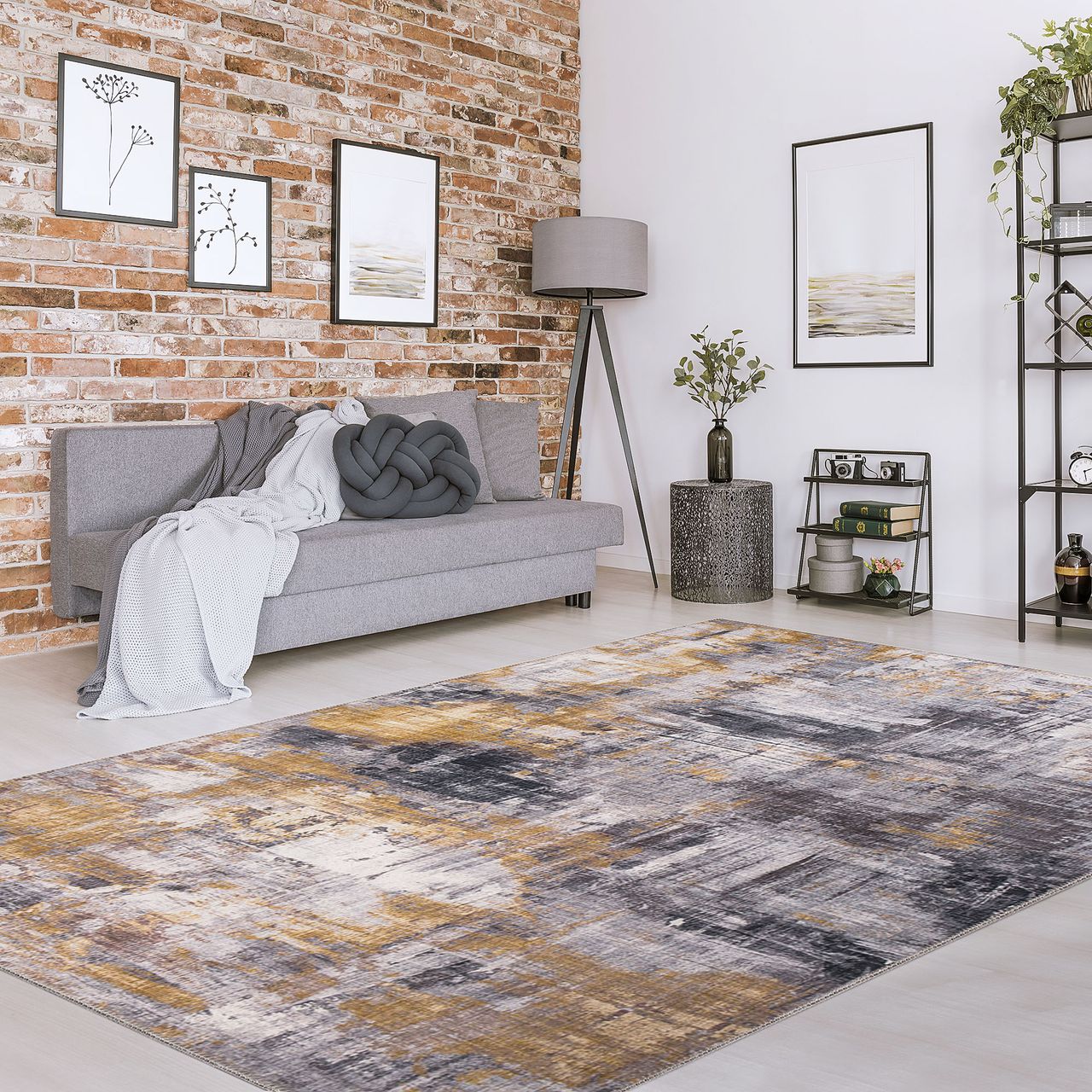 HOMCOM Teppich pfegeleicht Kurzflor Grau-Gelb 290 x 200 x 0,7 cm