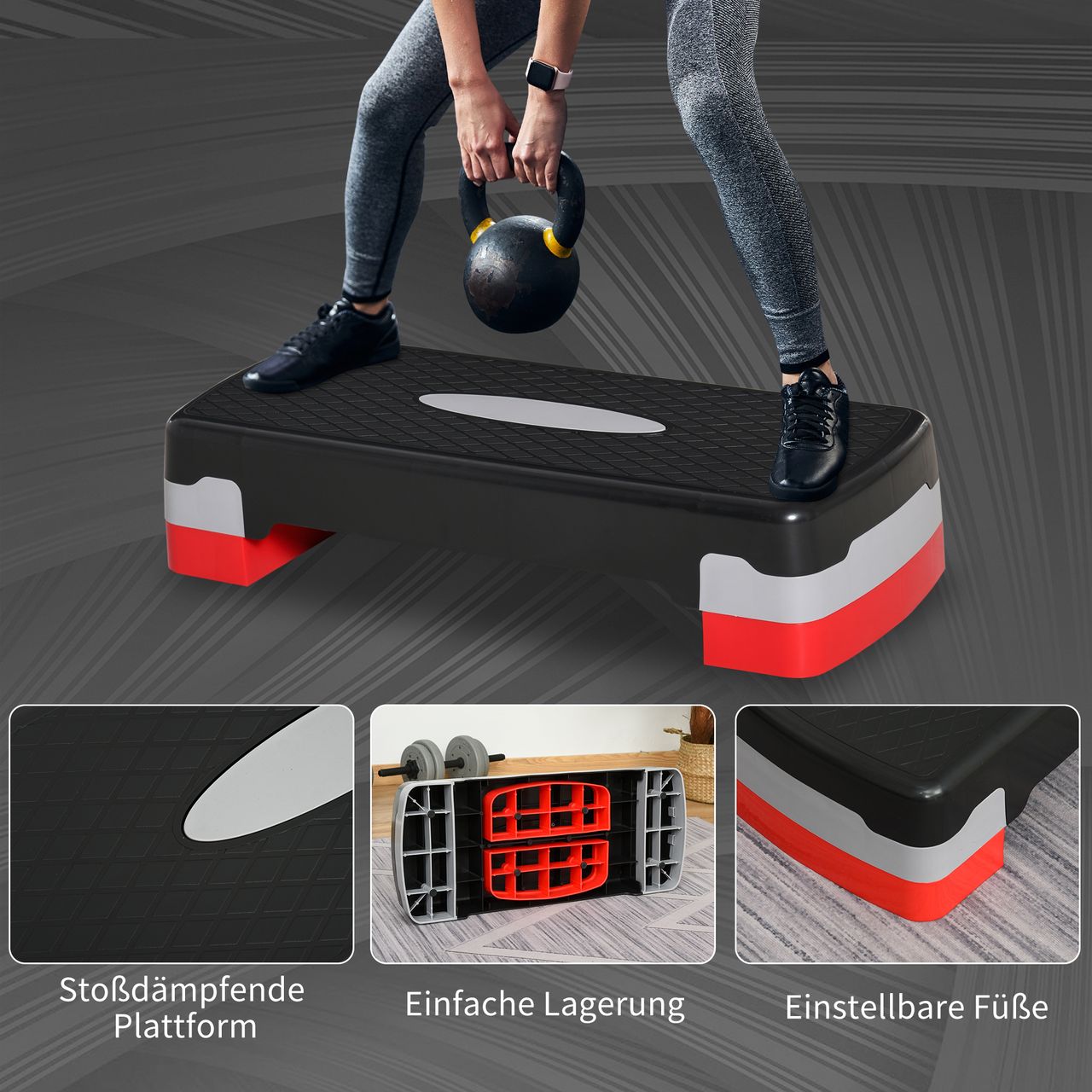 HOMCOM Steppbrett Aerobic Fitness Heimtrainer Stepper 2-stufig höhenverstellbar(10/15 cm) geeignet für den Heim und Bürogebrauch Schwarz Grau Rot 68 x 29 x 15 cm