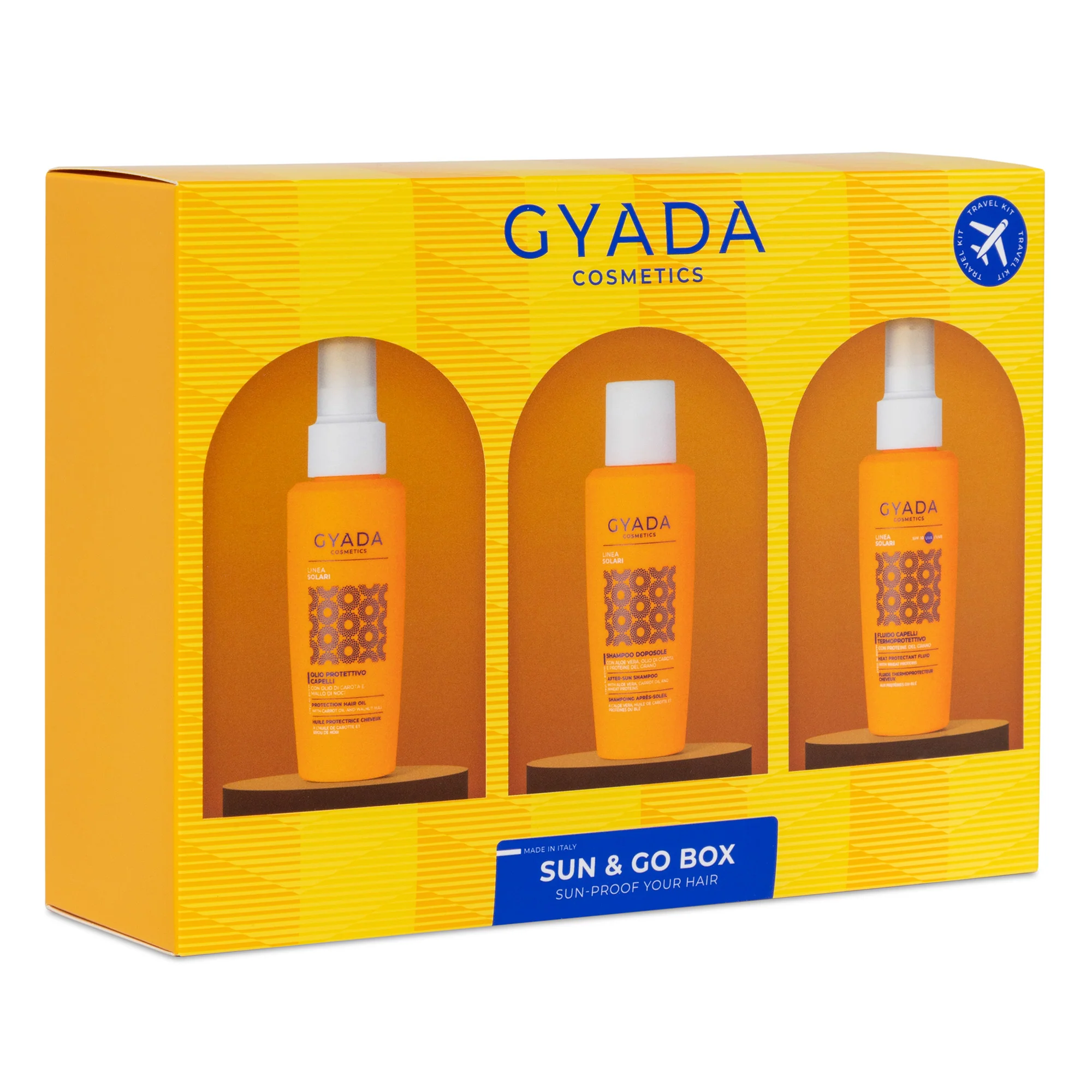 Sun & Go Box – Haarpflegesets, Sonnenschutz-Haarkur, Haaröl, Styling- und Finish-Haarcreme, Sonnenschutz-Shampoo