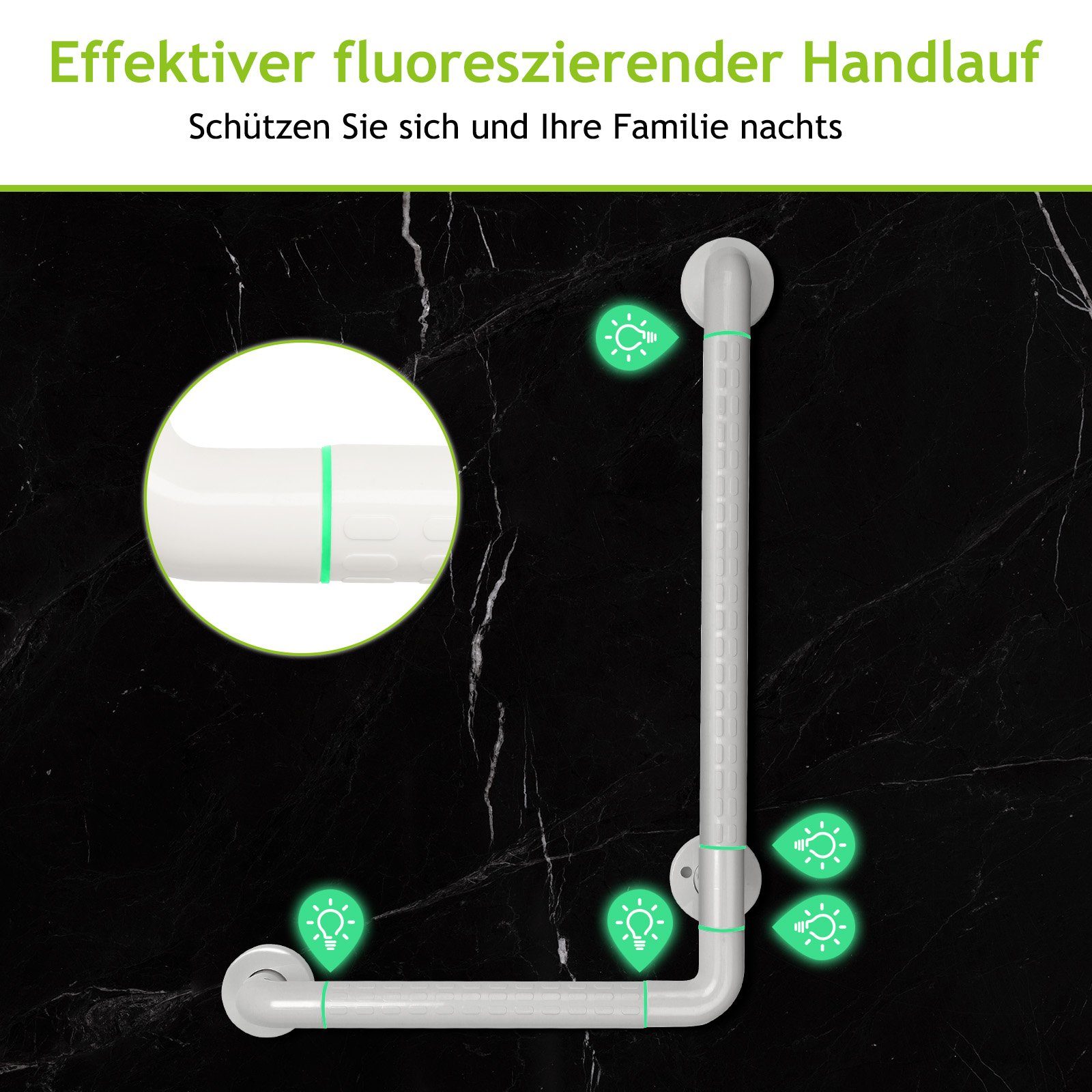 Gimisgu Haltegriff Dusche Rutschfester L-FöRmiger Fluoreszierender Wandgriff Badewanne, belastbar bis 200 kg, Wandmontage Schlafzimmer Treppengeländer 60*40cm Weiß